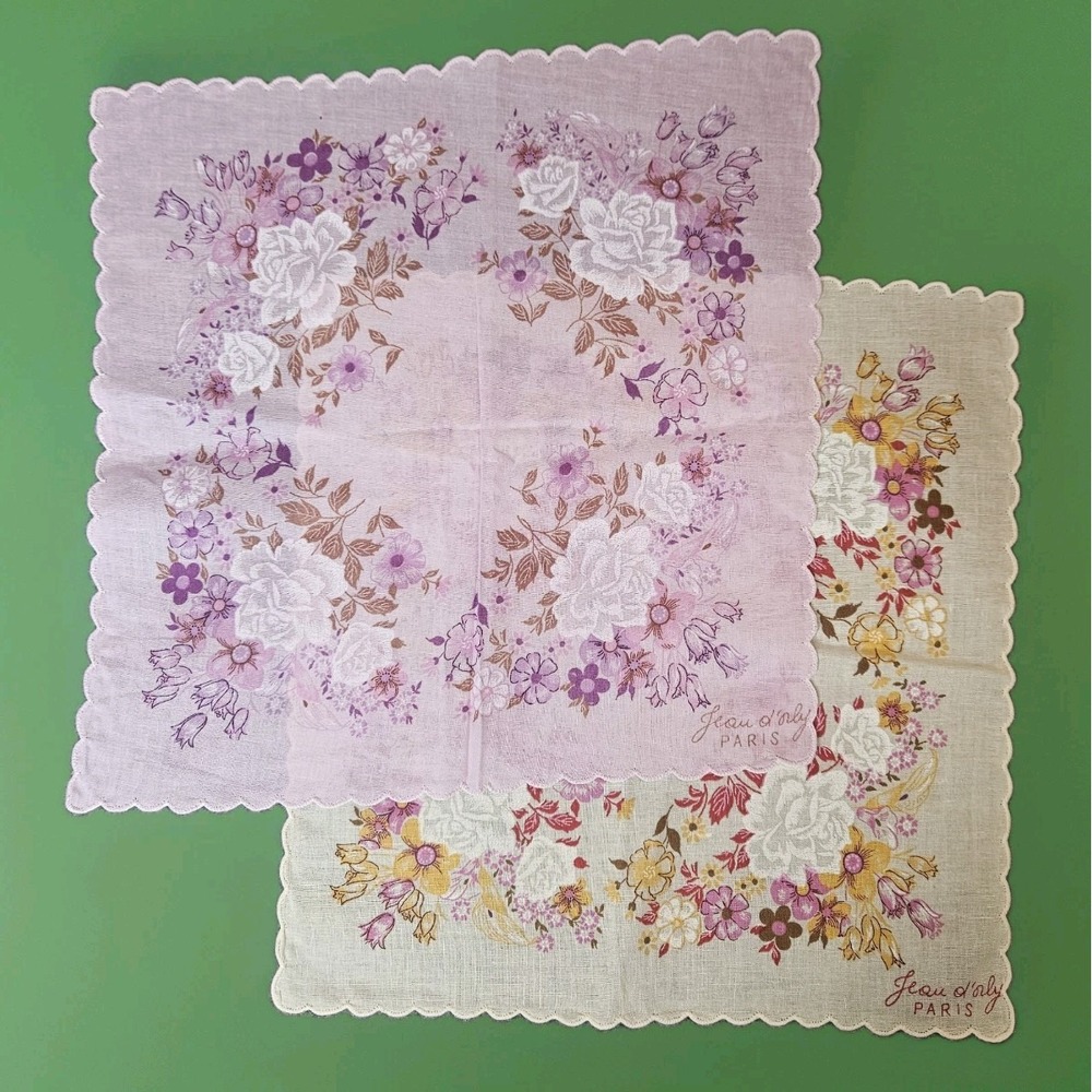 Vintage Jean D'orly Handkerchief Lot Of 2 Pastel Floral Cottagecore Coquette
